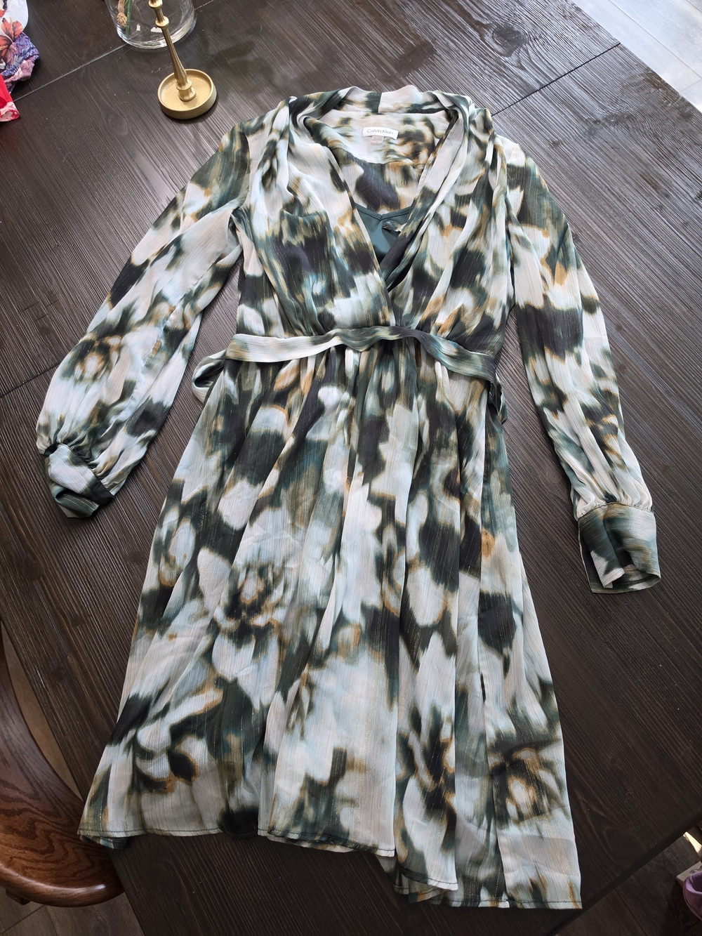 Calvin Klein Long Sleeve Floral Wrap Dress in Green and Cream
